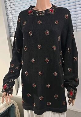 Victoria Harbour Womens S Black Jeweled Embellished Sweater Red Gold Beaded #280